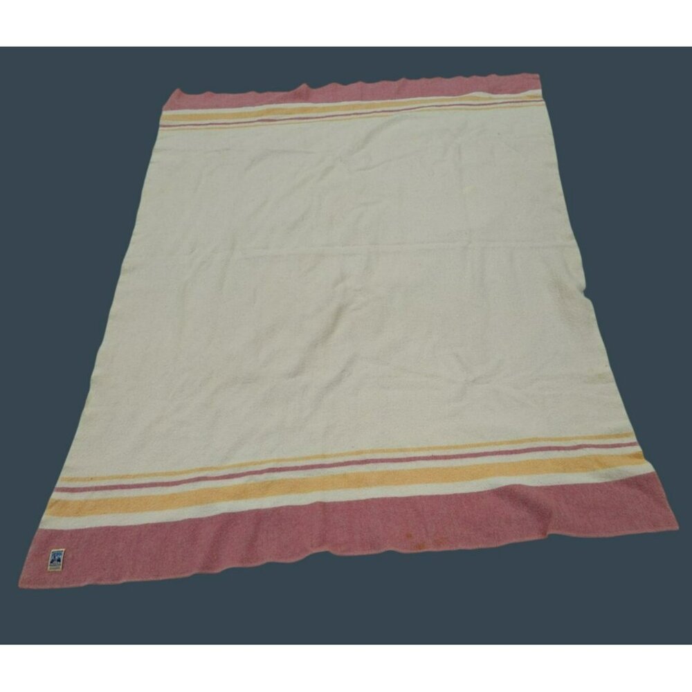 Vintage Kenwood 100% Virgin Wool Blanket Ramcrest 60x87 Canada Cream w stripes